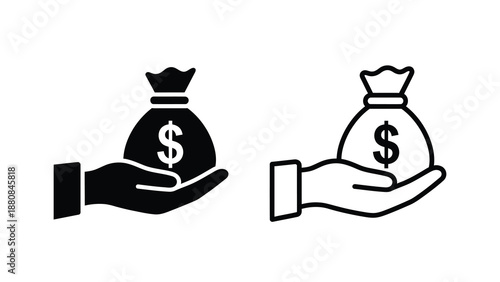 Two hands holding money bags with dollar signs a simple black icon