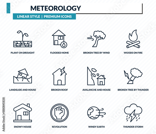 meteorology icons set - plant on drought, flooded home, broken tree by wind, broken tree by thunder, thunder storm outline vector collection.