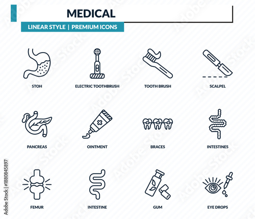 medical icons set - stoh, electric toothbrush, tooth brush, intestines, eye drops outline vector collection.