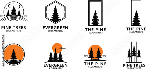 Pine tree and evergreen logo templates collection, minimalist forest emblems with sunset and geometric frames for outdoor branding, eco business identity and nature vector design
