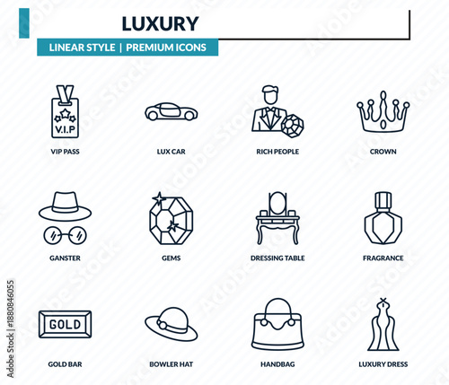 luxury icons set - vip pass, lux car, rich people, fragrance, luxury dress outline vector collection.