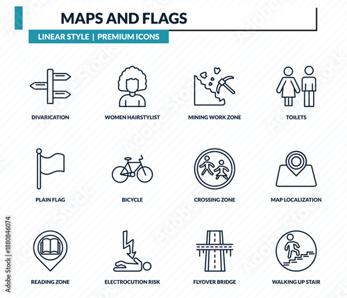 maps and flags icons set - divarication, women hairstylist, mining work zone, map localization, walking up stair outline vector collection.