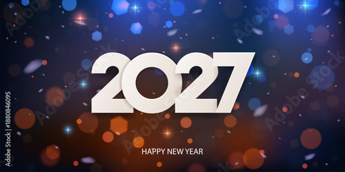 Happy New Year 2027. Holiday greeting card design. White paper numbers on a defocused colorful, bokeh background with snow.