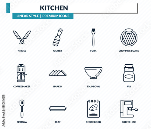 kitchen icons set - knives, grater, fork, jar, coffee hine outline vector collection.