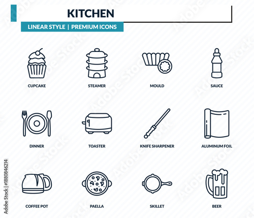 kitchen icons set - cupcake, steamer, mould, aluminum foil, beer outline vector collection.