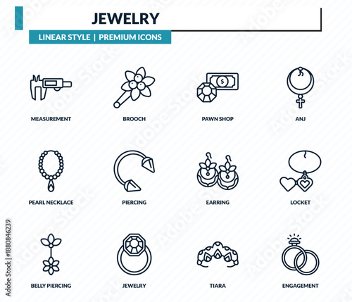 jewelry icons set - measurement, brooch, pawn shop, locket, engagement outline vector collection.
