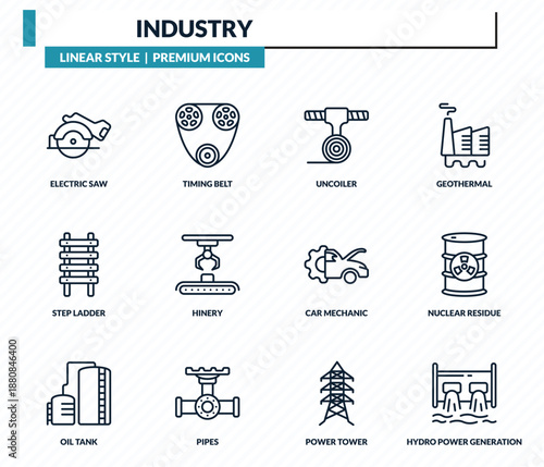 industry icons set - electric saw, timing belt, uncoiler, nuclear residue, hydro power generation outline vector collection.