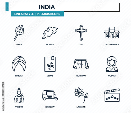 india icons set - trisul, odisha, gtic, woman, outline vector collection.