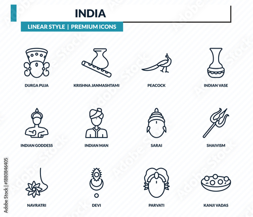 india icons set - durga puja, krishna janmashtami, peacock, shaivism, kanji vadas outline vector collection.