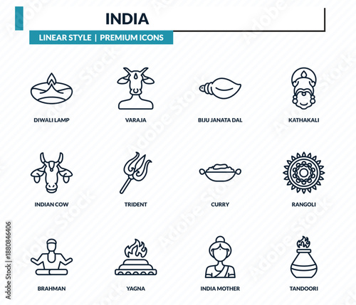 india icons set - diwali lamp, varaja, biju janata dal, rangoli, tandoori outline vector collection.
