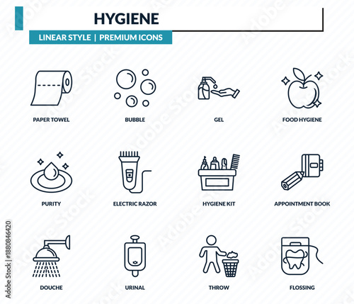 hygiene icons set - paper towel, bubble, gel, appointment book, flossing outline vector collection.