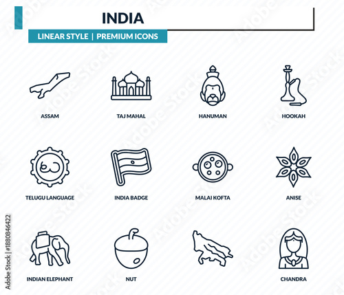 india icons set - assam, taj mahal, hanuman, anise, chandra outline vector collection.