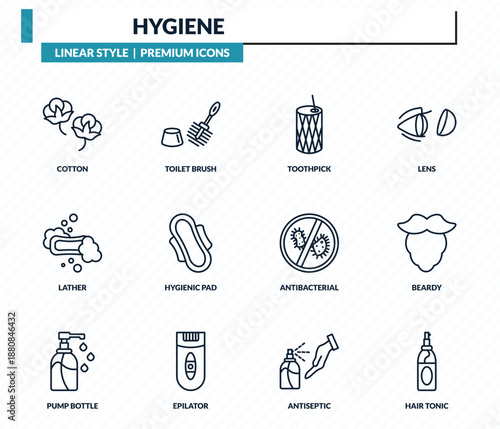 hygiene icons set - cotton, toilet brush, toothpick, beardy, hair tonic outline vector collection.
