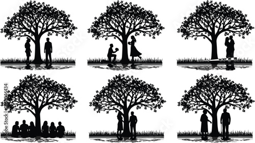 Romantic and family silhouettes under tree illustration set, proposal love moments and social gatherings in nature park, black vector artwork for lifestyle storytelling concepts