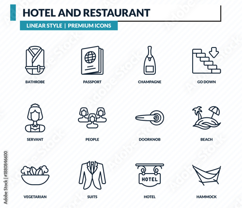 hotel and restaurant icons set - bathrobe, passport, champagne, beach, hammock outline vector collection.