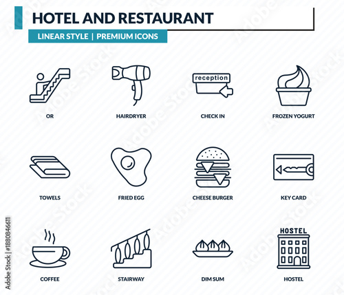 hotel and restaurant icons set - or, hairdryer, check in, key card, hostel outline vector collection.