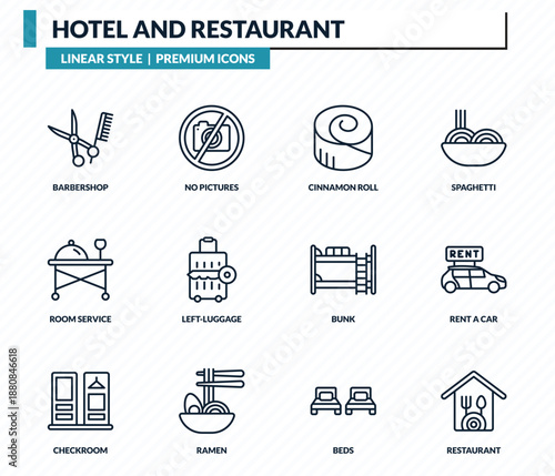 hotel and restaurant icons set - barbershop, no pictures, cinnamon roll, rent a car, restaurant outline vector collection.