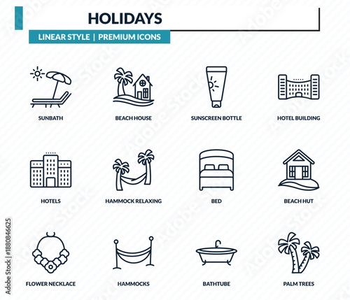 holidays icons set - sunbath, beach house, sunscreen bottle, beach hut, palm trees outline vector collection.