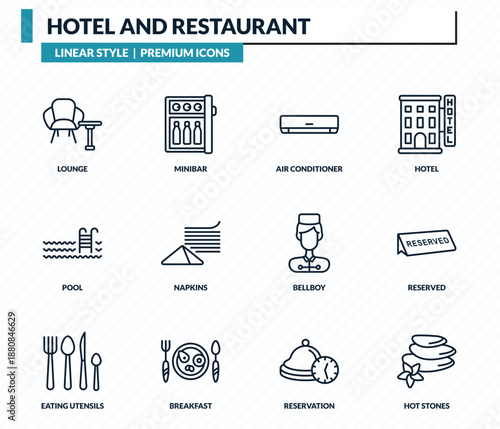 hotel and restaurant icons set - lounge, minibar, air conditioner, reserved, hot stones outline vector collection.