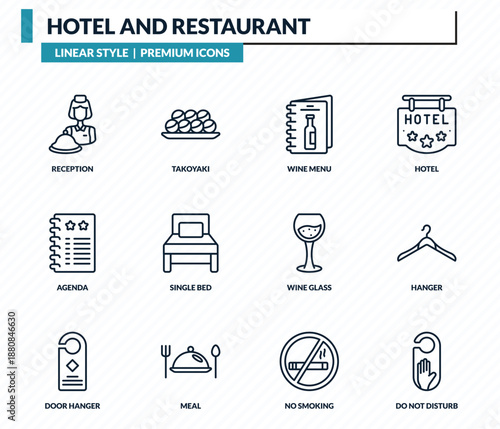 hotel and restaurant icons set - reception, takoyaki, wine menu, hanger, do not disturb outline vector collection.
