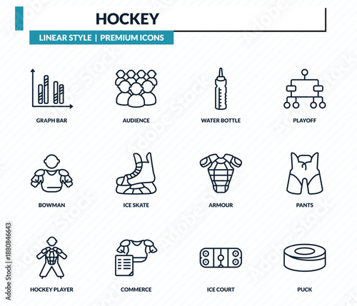 hockey icons set - graph bar, audience, water bottle, pants, puck outline vector collection.