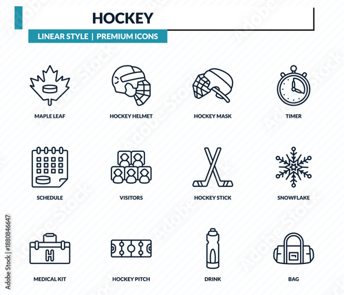 hockey icons set - maple leaf, hockey helmet, hockey mask, snowflake, bag outline vector collection.