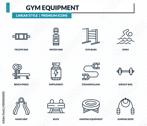 gym equipment icons set - triceps bar, water hine, gym bars, weight bar, jumping rope outline vector collection.