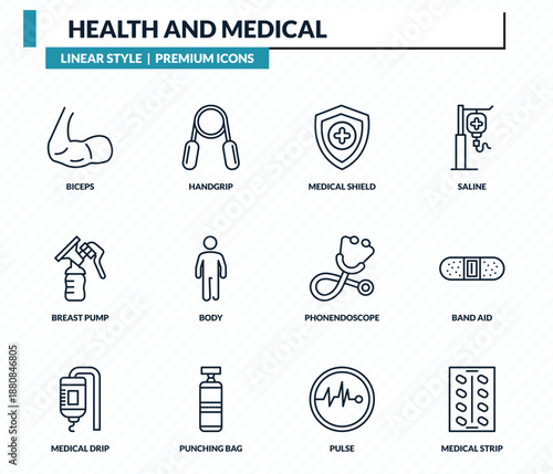 health and medical icons set - biceps, handgrip, medical shield, band aid, medical strip outline vector collection.