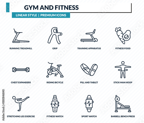 gym and fitness icons set - running treadmill, grip, training apparatus, stick man hoop, barbell bench press outline vector collection.
