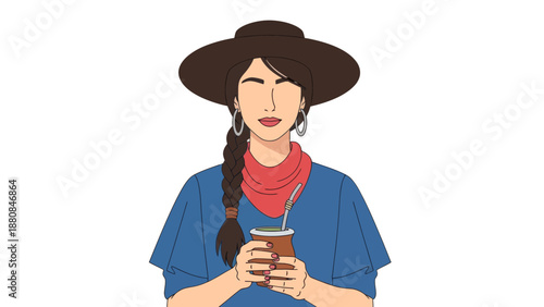 Woman with Mate Drink Vector Illustration, Gaucho Style, South American Culture