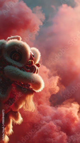Festive lion dance costume close up Chinese Lion Dance Costume in Pink Smoke Clouds, Lunar New Year Festival Celebration Background with Copy Space