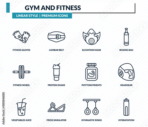 gym and fitness icons set - fitness gloves, lumbar belt, elevation mask, headgear, hydratation outline vector collection.