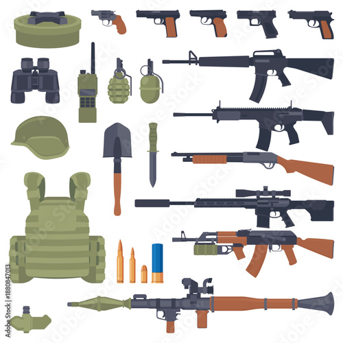 set of military equipment. Soldier weapons, outfit, electronics and other equipment