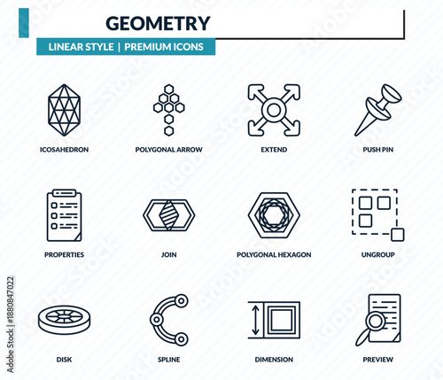 geometry icons set - icosahedron, polygonal arrow up, extend, ungroup, preview outline vector collection.