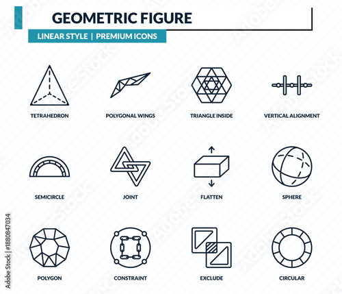 geometric figure icons set - tetrahedron, polygonal wings, triangle inside hexagon, sphere, circular outline vector collection.