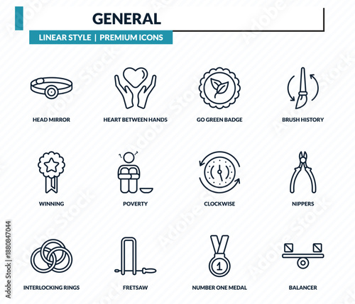general icons set - head mirror, heart between hands, go green badge, nippers, balancer outline vector collection.