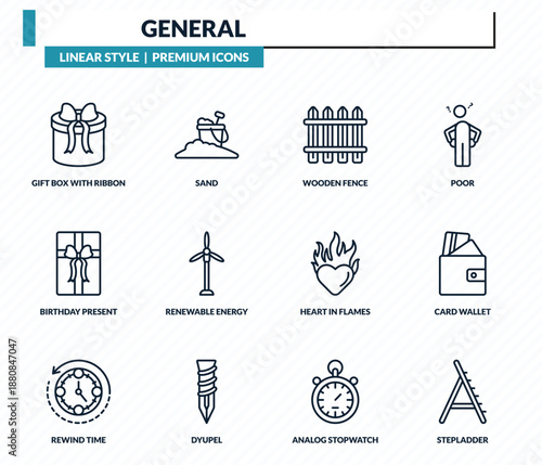 general icons set - gift box with ribbon, sand, wooden fence, card wallet, stepladder outline vector collection.