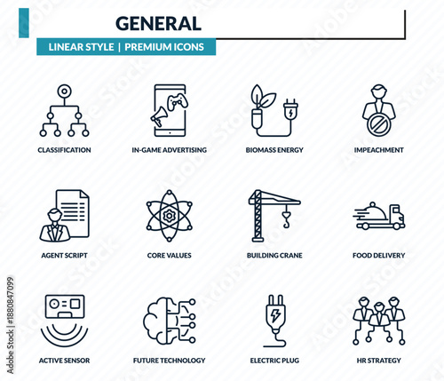 general icons set - classification, in-game advertising, biomass energy, food delivery, hr strategy outline vector collection.