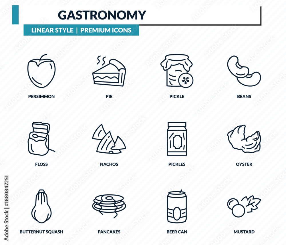 Naklejka premium gastronomy icons set - persimmon, pie, pickle, oyster, mustard outline vector collection.