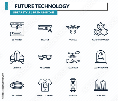 future technology icons set - 3d printer, blaster, vehicle, egg incubator, cityscape outline vector collection.