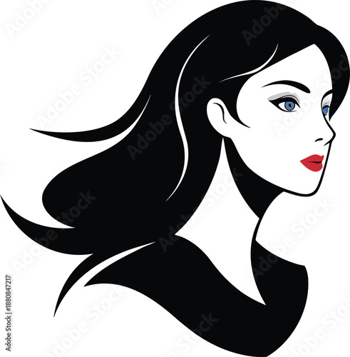 Elegant woman with flowing black hair and vibrant blue eyes in a striking profile illustration