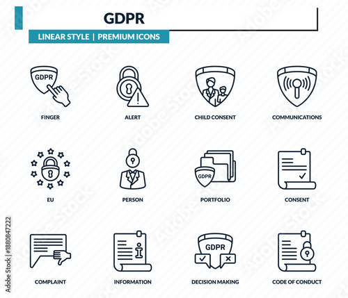gdpr icons set - finger, alert, child consent, consent, code of conduct outline vector collection.