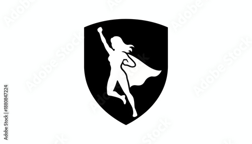 A stylized white silhouette of a woman with a cape, striking a heroic pose within a black shield emblem.