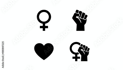 Four black icons representing feminism, love, and solidarity, including the Venus symbol, a raised fist, and a heart.