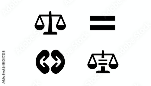 Four black icons representing justice, equality, recycling, and a balanced scale with a divided beam.