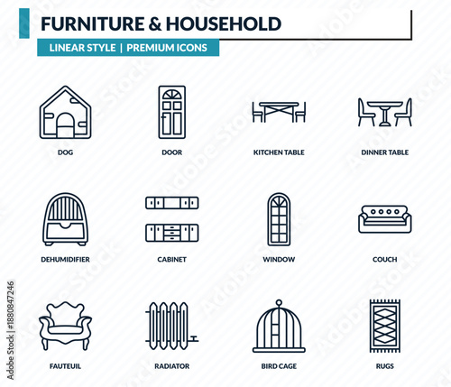 furniture & household icons set - dog, door, kitchen table, couch, rugs outline vector collection.