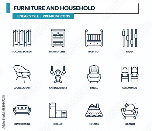 furniture and household icons set - folding screen, drawer chest, baby cot, ceremonial, cleaned outline vector collection.