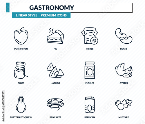 gastronomy icons set - persimmon, pie, pickle, oyster, mustard outline vector collection.