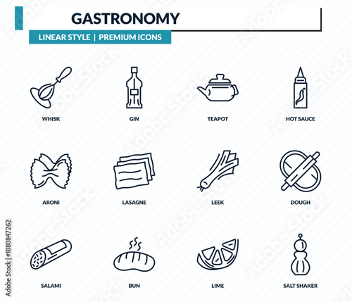 gastronomy icons set - whisk, gin, teapot, dough, salt shaker outline vector collection.