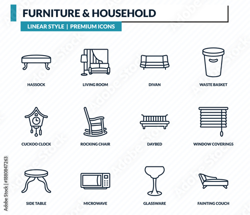 furniture & household icons set - hassock, living room, divan, window coverings, fainting couch outline vector collection.